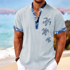 Clearance OUKU Men's Tropical Turtle Summer Shirt Casual Shirt Summer Hawaiian Shirt Short Sleeve Shirt Stand Collar Hawaiian Resort Vacation Holiday Going out Light Blue Black White S M L