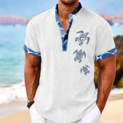 Clearance OUKU Men's Tropical Turtle Summer Shirt Casual Shirt Summer Hawaiian Shirt Short Sleeve Shirt Stand Collar Hawaiian Resort Vacation Holiday Going out Light Blue Black White S M L