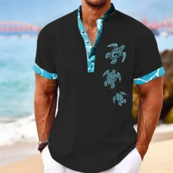 Clearance OUKU Men's Tropical Turtle Summer Shirt Casual Shirt Summer Hawaiian Shirt Short Sleeve Shirt Stand Collar Hawaiian Resort Vacation Holiday Going out Light Blue Black White S M L