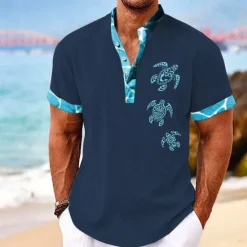 Clearance OUKU Men's Tropical Turtle Summer Shirt Casual Shirt Summer Hawaiian Shirt Short Sleeve Shirt Stand Collar Hawaiian Resort Vacation Holiday Going out Light Blue Black White S M L