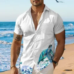Outlet OUKU Men's Tropical Turtle Summer Hawaiian Shirt Aloha Shirt Printed Shirts Short Sleeves Shirt Turndown Hawaiian Resort Outdoor Vacation Holiday White Blue Green S M L