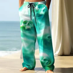Hot OUKU Men's Trousers Baggy Pants Casual Pants Elastic Drawstring Waist Linen-Like Pants with Pockets Skull Halloween Costumes Full Length Holiday Streetwear Dark Punk Gothic Style Light Green Blue
