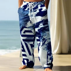 OUKU Men's Trousers Baggy Pants Casual Pants Elastic Drawstring Waist Linen-Like Pants with Pockets Geometric Abstract Art Full Length Outdoor Vacation Retro Vintage Black Wine Inelastic