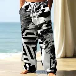 OUKU Men's Trousers Baggy Pants Casual Pants Elastic Drawstring Waist Linen-Like Pants with Pockets Geometric Abstract Art Full Length Outdoor Vacation Retro Vintage Black Wine Inelastic