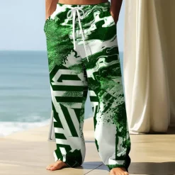 OUKU Men's Trousers Baggy Pants Casual Pants Elastic Drawstring Waist Linen-Like Pants with Pockets Geometric Abstract Art Full Length Outdoor Vacation Retro Vintage Black Wine Inelastic