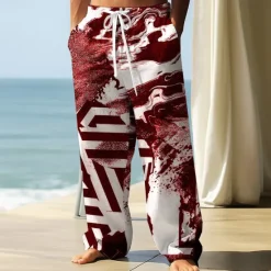 OUKU Men's Trousers Baggy Pants Casual Pants Elastic Drawstring Waist Linen-Like Pants with Pockets Geometric Abstract Art Full Length Outdoor Vacation Retro Vintage Black Wine Inelastic