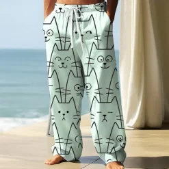 Clearance OUKU Men's Trousers Baggy Pants Casual Pants Elastic Drawstring Waist Linen-Like Pants with Pockets Animal Cat Funny Full Length Outdoor Vacation Casual White Pink Inelastic