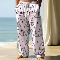 Clearance OUKU Men's Trousers Baggy Pants Casual Pants Elastic Drawstring Waist Linen-Like Pants with Pockets Animal Cat Funny Full Length Outdoor Vacation Casual White Pink Inelastic