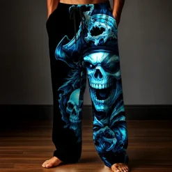 Hot OUKU Men's Trousers Baggy Pants Casual Pants Elastic Drawstring Waist Linen-Like Pants with Pockets Skull Pirate Full Length Holiday Dark Punk Gothic Style White Red Inelastic
