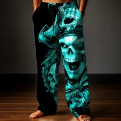 Hot OUKU Men's Trousers Baggy Pants Casual Pants Elastic Drawstring Waist Linen-Like Pants with Pockets Skull Pirate Full Length Holiday Dark Punk Gothic Style White Red Inelastic