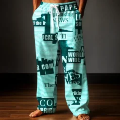 Hot OUKU Men's Trousers Baggy Pants Casual Pants Elastic Drawstring Waist Linen-Like Pants with Pockets Newspaper Letter Print Full Length Outdoor Holiday Retro Vintage White Pink Inelastic