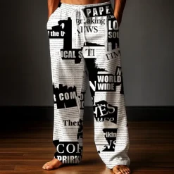 Hot OUKU Men's Trousers Baggy Pants Casual Pants Elastic Drawstring Waist Linen-Like Pants with Pockets Newspaper Letter Print Full Length Outdoor Holiday Retro Vintage White Pink Inelastic