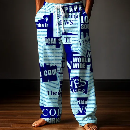 Hot OUKU Men's Trousers Baggy Pants Casual Pants Elastic Drawstring Waist Linen-Like Pants with Pockets Newspaper Letter Print Full Length Outdoor Holiday Retro Vintage White Pink Inelastic
