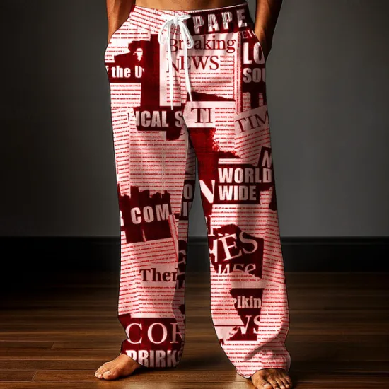 Hot OUKU Men's Trousers Baggy Pants Casual Pants Elastic Drawstring Waist Linen-Like Pants with Pockets Newspaper Letter Print Full Length Outdoor Holiday Retro Vintage White Pink Inelastic