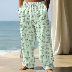 Best OUKU Men's Trousers Baggy Pants Casual Pants Elastic Drawstring Waist Linen-Like Pants with Pockets People Stick Figure Full Length Outdoor Vacation Funny Black White Inelastic