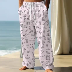 Best OUKU Men's Trousers Baggy Pants Casual Pants Elastic Drawstring Waist Linen-Like Pants with Pockets People Stick Figure Full Length Outdoor Vacation Funny Black White Inelastic