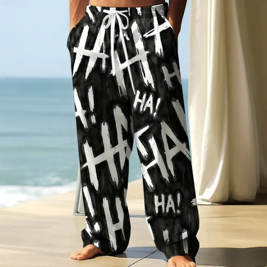 Outlet OUKU Men's Trousers Baggy Pants Casual Pants Elastic Drawstring Waist Linen-Like Pants with Pockets Letter Print Full Length Outdoor Vacation Daily Streetwear Black White Inelastic