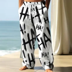 Outlet OUKU Men's Trousers Baggy Pants Casual Pants Elastic Drawstring Waist Linen-Like Pants with Pockets Letter Print Full Length Outdoor Vacation Daily Streetwear Black White Inelastic