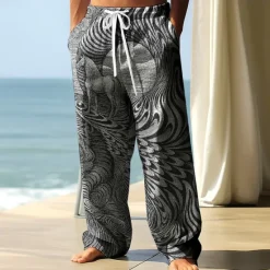 Sale OUKU Men's Trousers Baggy Pants Casual Pants Elastic Drawstring Waist Linen-Like Pants with Pockets Geometric Horse Waves Full Length Outdoor Vacation Beach Vacation Retro Vintage Blue Green Inelastic