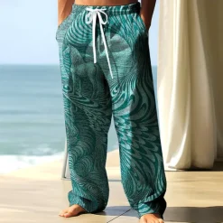 Sale OUKU Men's Trousers Baggy Pants Casual Pants Elastic Drawstring Waist Linen-Like Pants with Pockets Geometric Horse Waves Full Length Outdoor Vacation Beach Vacation Retro Vintage Blue Green Inelastic