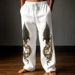 Clearance OUKU Men's Trousers Baggy Pants Casual Pants Elastic Drawstring Waist Linen-Like Pants with Pockets Skull Eagle Celtics Full Length Outdoor Holiday Retro Vintage White Dark Blue Inelastic
