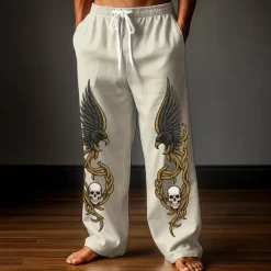 Clearance OUKU Men's Trousers Baggy Pants Casual Pants Elastic Drawstring Waist Linen-Like Pants with Pockets Skull Eagle Celtics Full Length Outdoor Holiday Retro Vintage White Dark Blue Inelastic