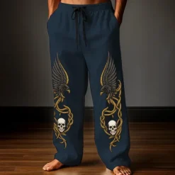 Clearance OUKU Men's Trousers Baggy Pants Casual Pants Elastic Drawstring Waist Linen-Like Pants with Pockets Skull Eagle Celtics Full Length Outdoor Holiday Retro Vintage White Dark Blue Inelastic
