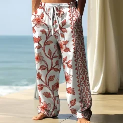 Hot OUKU Men's Trousers Baggy Pants Casual Pants Elastic Drawstring Waist Linen-Like Pants with Pockets Floral Print Flowers Full Length Outdoor Vacation Vacation White & Blue Light Khaki Inelastic