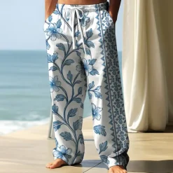 Hot OUKU Men's Trousers Baggy Pants Casual Pants Elastic Drawstring Waist Linen-Like Pants with Pockets Floral Print Flowers Full Length Outdoor Vacation Vacation White & Blue Light Khaki Inelastic