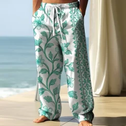 Hot OUKU Men's Trousers Baggy Pants Casual Pants Elastic Drawstring Waist Linen-Like Pants with Pockets Floral Print Flowers Full Length Outdoor Vacation Vacation White & Blue Light Khaki Inelastic