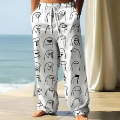 New OUKU Men's Trousers Baggy Pants Casual Pants Elastic Drawstring Waist Linen-Like Pants with Pockets Stick Figure Full Length Outdoor Vacation Streetwear Black White Inelastic