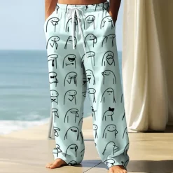 New OUKU Men's Trousers Baggy Pants Casual Pants Elastic Drawstring Waist Linen-Like Pants with Pockets Stick Figure Full Length Outdoor Vacation Streetwear Black White Inelastic