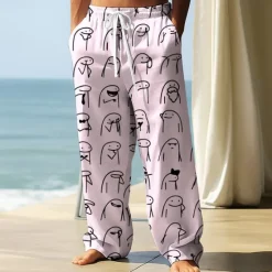 New OUKU Men's Trousers Baggy Pants Casual Pants Elastic Drawstring Waist Linen-Like Pants with Pockets Stick Figure Full Length Outdoor Vacation Streetwear Black White Inelastic
