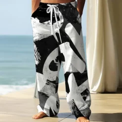 OUKU Men's Trousers Baggy Pants Casual Pants Elastic Drawstring Waist Linen-Like Pants with Pockets Abstract Letter Print Full Length Outdoor Vacation Streetwear Black Wine Inelastic