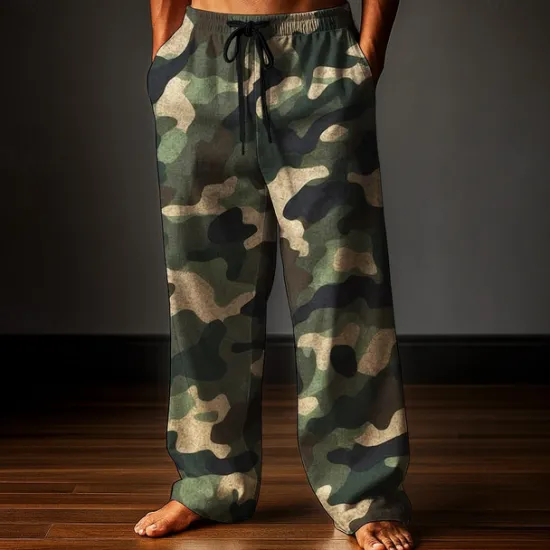 New OUKU Men's Trousers Baggy Pants Casual Pants Elastic Drawstring Waist Linen-Like Pants with Pockets Camo Camouflage Full Length Outdoor Vacation Classic Style Army Green Purple Inelastic