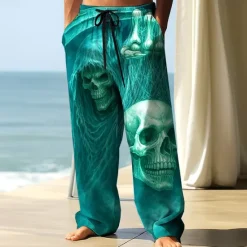 Hot OUKU Men's Trousers Baggy Pants Casual Pants Elastic Drawstring Waist Linen-Like Pants with Pockets Skull Skeleton Halloween Costumes Full Length Outdoor Holiday Dark Gothic Style Black Blue Inelastic