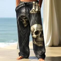 Hot OUKU Men's Trousers Baggy Pants Casual Pants Elastic Drawstring Waist Linen-Like Pants with Pockets Skull Skeleton Halloween Costumes Full Length Outdoor Holiday Dark Gothic Style Black Blue Inelastic