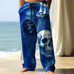 Hot OUKU Men's Trousers Baggy Pants Casual Pants Elastic Drawstring Waist Linen-Like Pants with Pockets Skull Skeleton Halloween Costumes Full Length Outdoor Holiday Dark Gothic Style Black Blue Inelastic