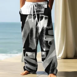 Best OUKU Men's Trousers Baggy Pants Casual Pants Elastic Drawstring Waist Linen-Like Pants with Pockets Abstract Letter Print Full Length Outdoor Vacation Streetwear Black Purple Inelastic