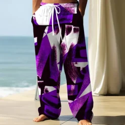 Best OUKU Men's Trousers Baggy Pants Casual Pants Elastic Drawstring Waist Linen-Like Pants with Pockets Abstract Letter Print Full Length Outdoor Vacation Streetwear Black Purple Inelastic