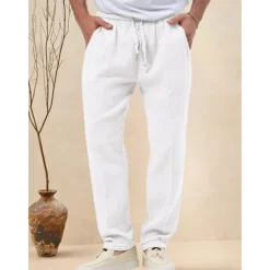 OUKU Men's Trousers Beach Shorts Casual Pants Seersucker Pants Drawstring Elastic Waist Straight Leg Plain Comfort Breathable Daily Holiday Vacation Fashion Casual Black White