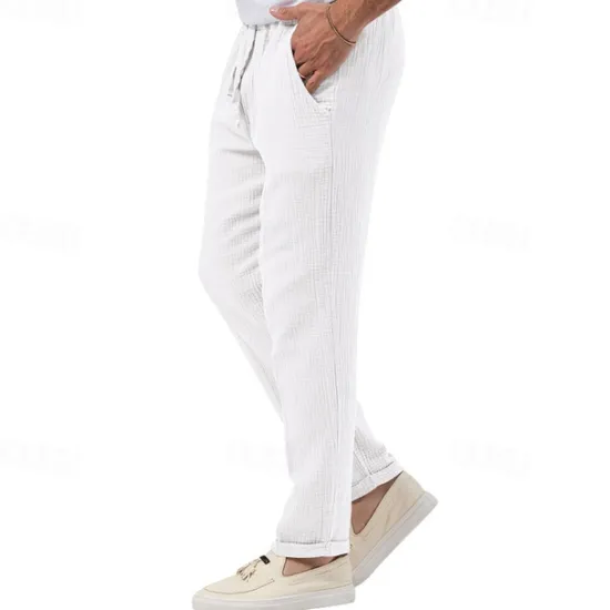 OUKU Men's Trousers Beach Shorts Casual Pants Seersucker Pants Drawstring Elastic Waist Straight Leg Plain Comfort Breathable Daily Holiday Vacation Fashion Casual Black White
