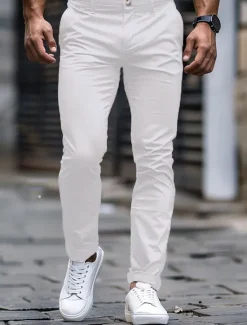 Discount OUKU Men's Trousers Chinos Casual Pants Front Pocket Plain Comfort Soft Full Length Casual Daily Going out Fashion Streetwear White Khaki Micro-elastic