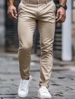 Discount OUKU Men's Trousers Chinos Casual Pants Front Pocket Plain Comfort Soft Full Length Casual Daily Going out Fashion Streetwear White Khaki Micro-elastic