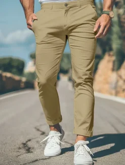 New OUKU Men's Trousers Chinos Chino Pants Casual Pants Front Pocket Plain Comfort Soft Full Length Outdoor Casual Daily Fashion Streetwear Black White Micro-elastic
