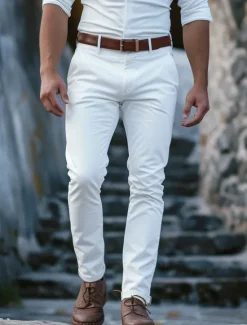 Best OUKU Men's Trousers Chinos Chino Pants Buttons Front Pocket Plain Comfort Business Daily Holiday Fashion Chic & Modern Black White Micro-elastic