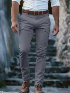 Best OUKU Men's Trousers Chinos Chino Pants Buttons Front Pocket Plain Comfort Business Daily Holiday Fashion Chic & Modern Black White Micro-elastic