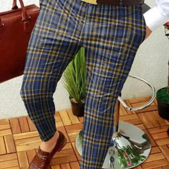 Online OUKU Men's Trousers Chinos Chino Pants Jogger Pants Plaid Dress Pants Pocket Lattice Breathable Soft Casual Daily Fashion Streetwear Blue Orange Micro-elastic