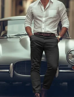 Best OUKU Men's Trousers Chinos Chino Pants Casual Pants Buttons Front Pocket Plain Comfort Soft Business Daily Going out Fashion Streetwear Light Khaki Black Micro-elastic