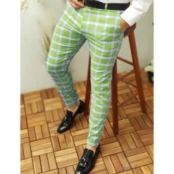 Clearance OUKU Men's Trousers Chinos Chino Pants Plaid Dress Pants Print Lattice Full Length Casual Daily Casual Trousers White & Blue Purple Micro-elastic